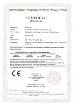 CE evidence for Basin tap certificate of conformity