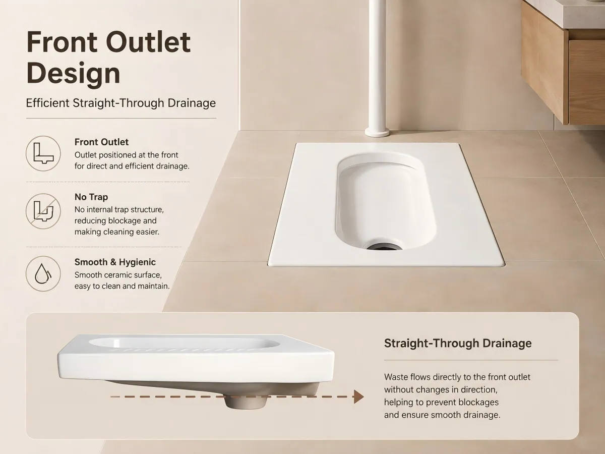 Anti-Slip Ceramic Front-Outlet Squatting Pan straight-through front drainage
