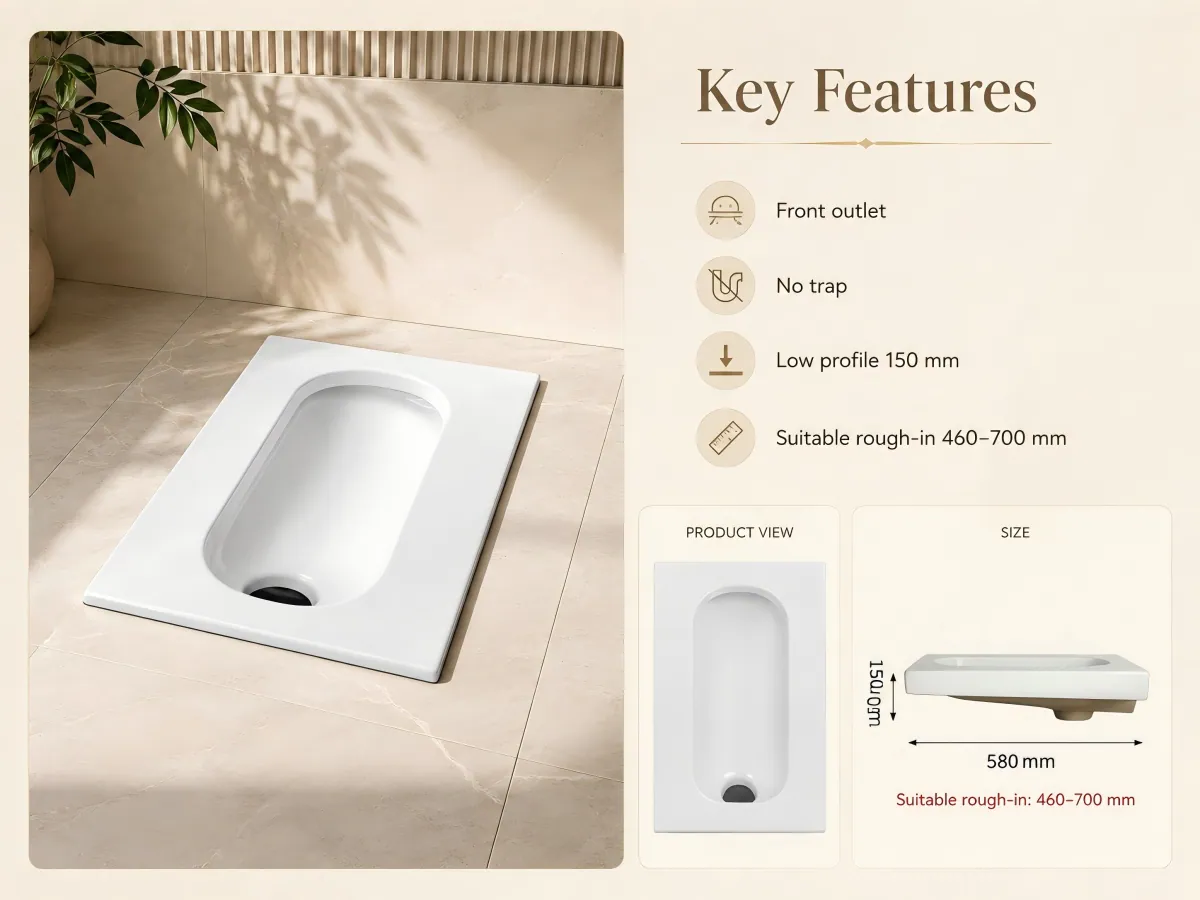Anti-Slip Ceramic Front-Outlet Squatting Pan grade-one water efficiency
