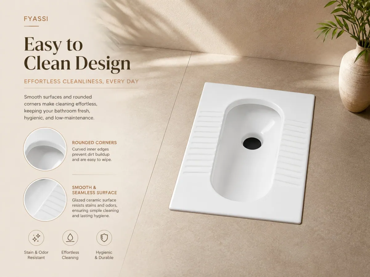 Anti-Slip Ceramic Rear-Outlet Squatting Pan optional trap configuration