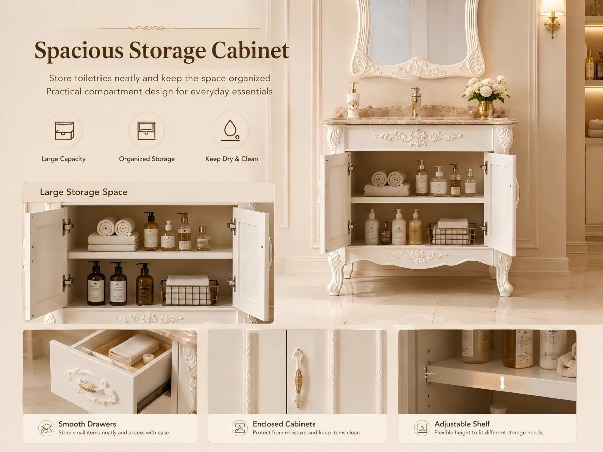 Carved European-Style PVC Bathroom Vanity adjustable interior storage