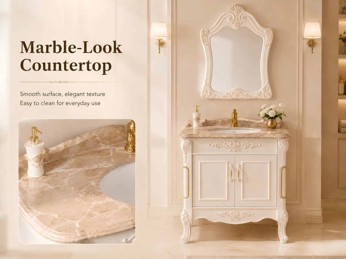 Carved European-Style PVC Bathroom Vanity matching shaped mirror