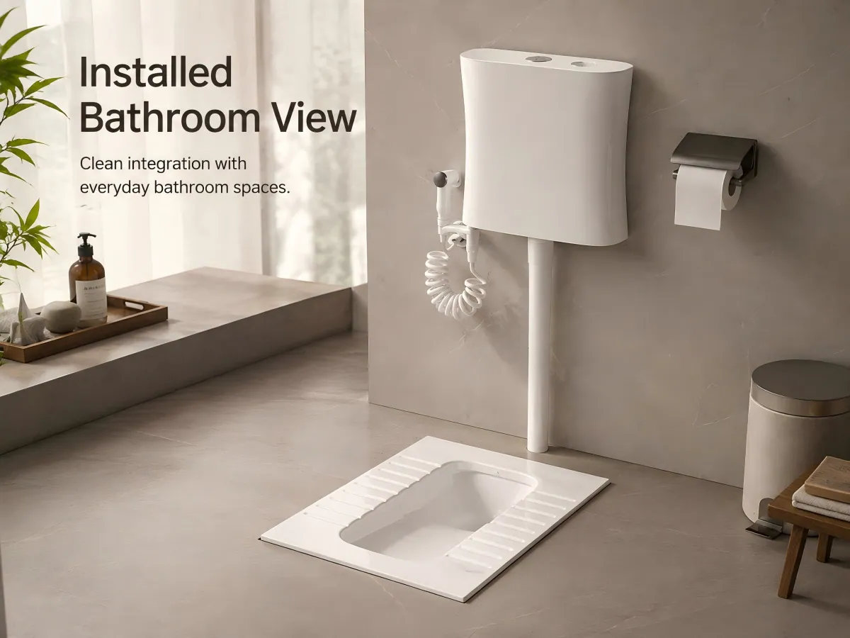 Ceramic Rear-Outlet Squatting Pan with Trap rear-outlet layout