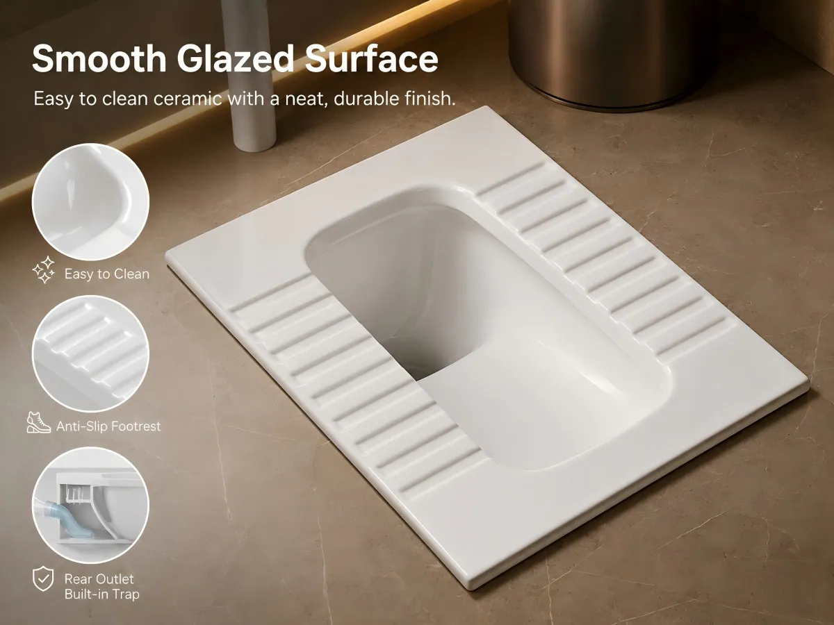 Ceramic Rear-Outlet Squatting Pan with Trap easy-clean glazed surface