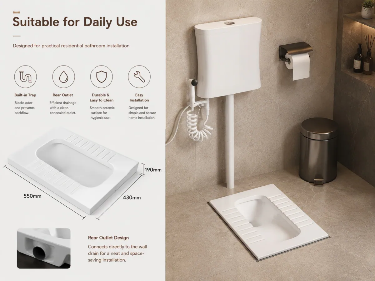 Ceramic Rear-Outlet Squatting Pan with Trap sample-based processing