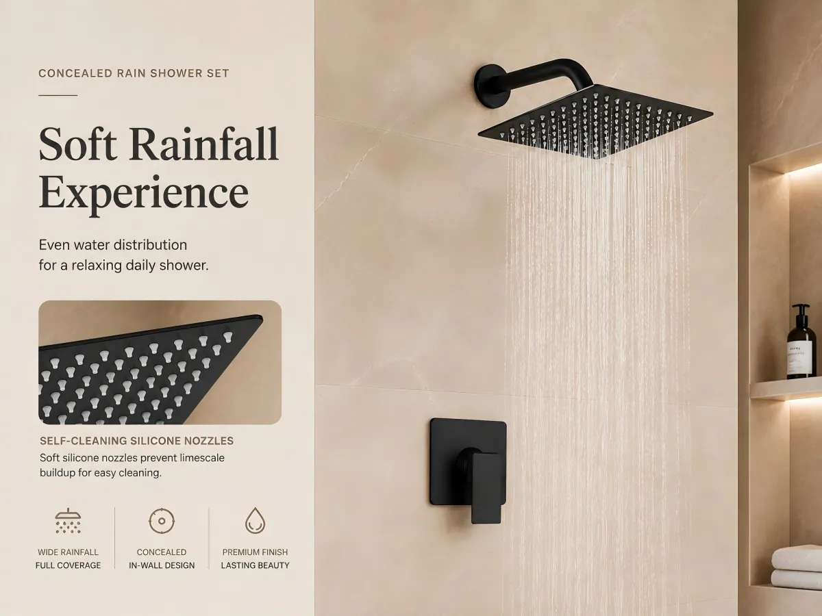 Concealed Single Function Rainfall Shower Set self-cleaning silicone shower nozzles