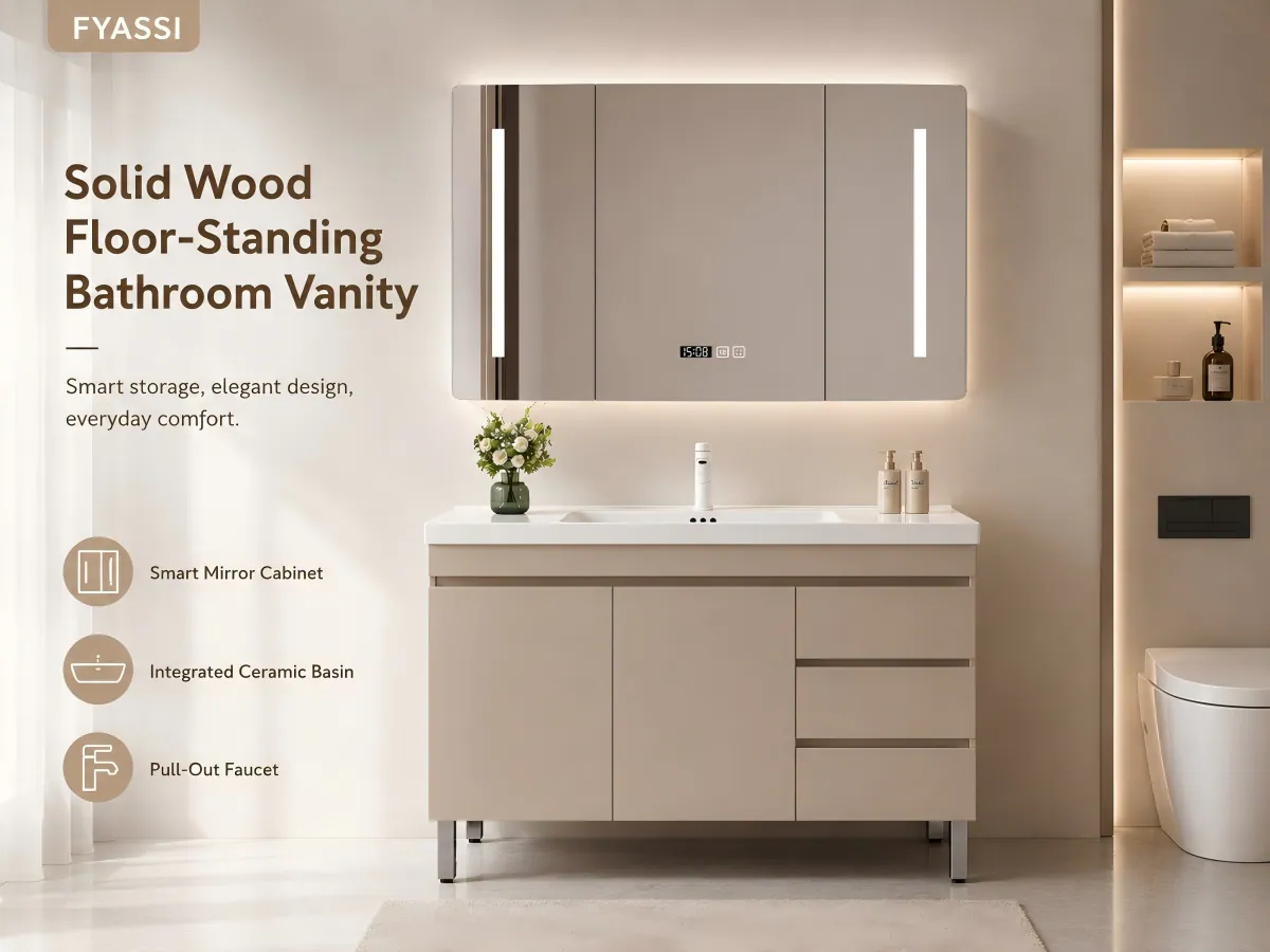 Floor-Standing Solid Wood Bathroom Vanity Set pull-out basin faucet