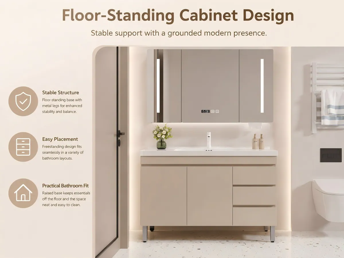 Floor-Standing Solid Wood Bathroom Vanity Set cream furniture style