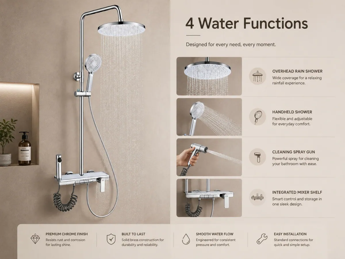 Four Function Rainfall Shower Set wide adaptable water pressure