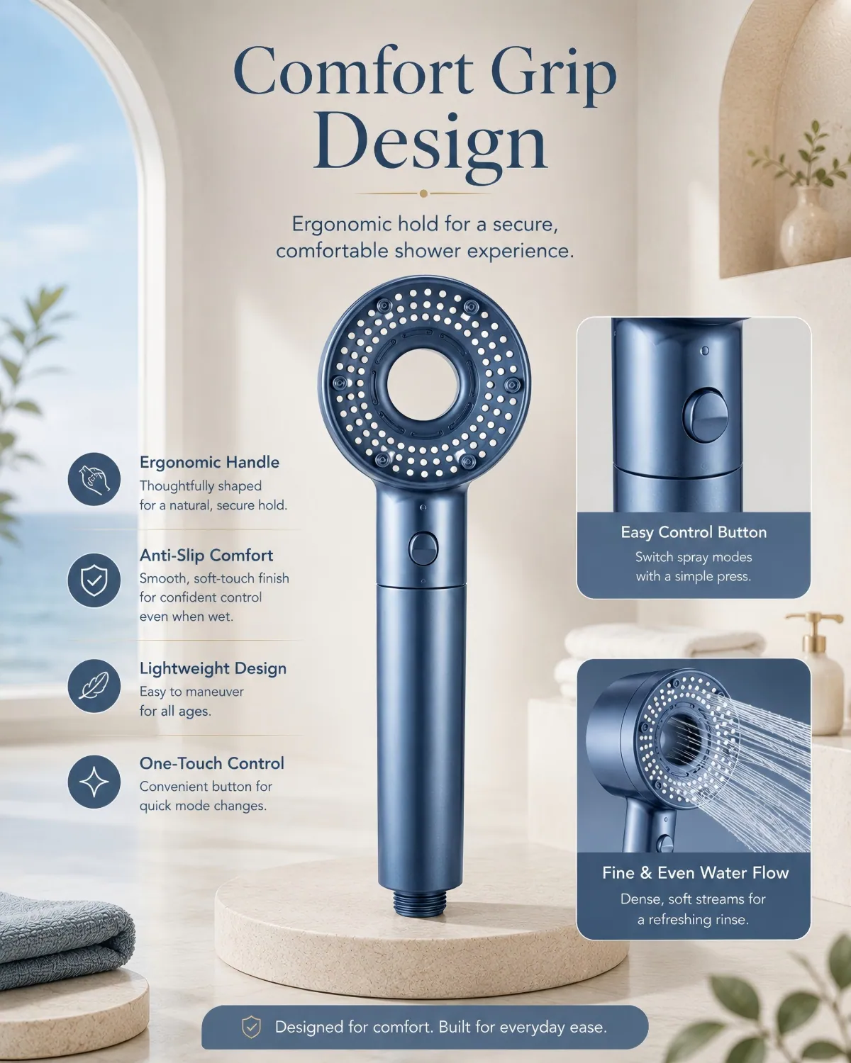 High Pressure Handheld Shower Head ergonomic round light luxury appearance