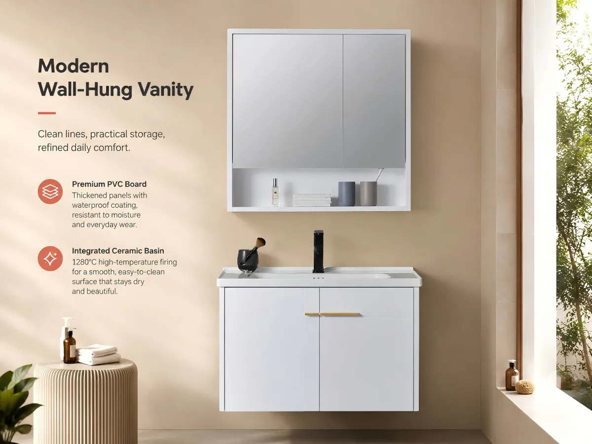 Italian Minimalist Wall-Mounted PVC Vanity Set moisture-resistant pvc cabinet