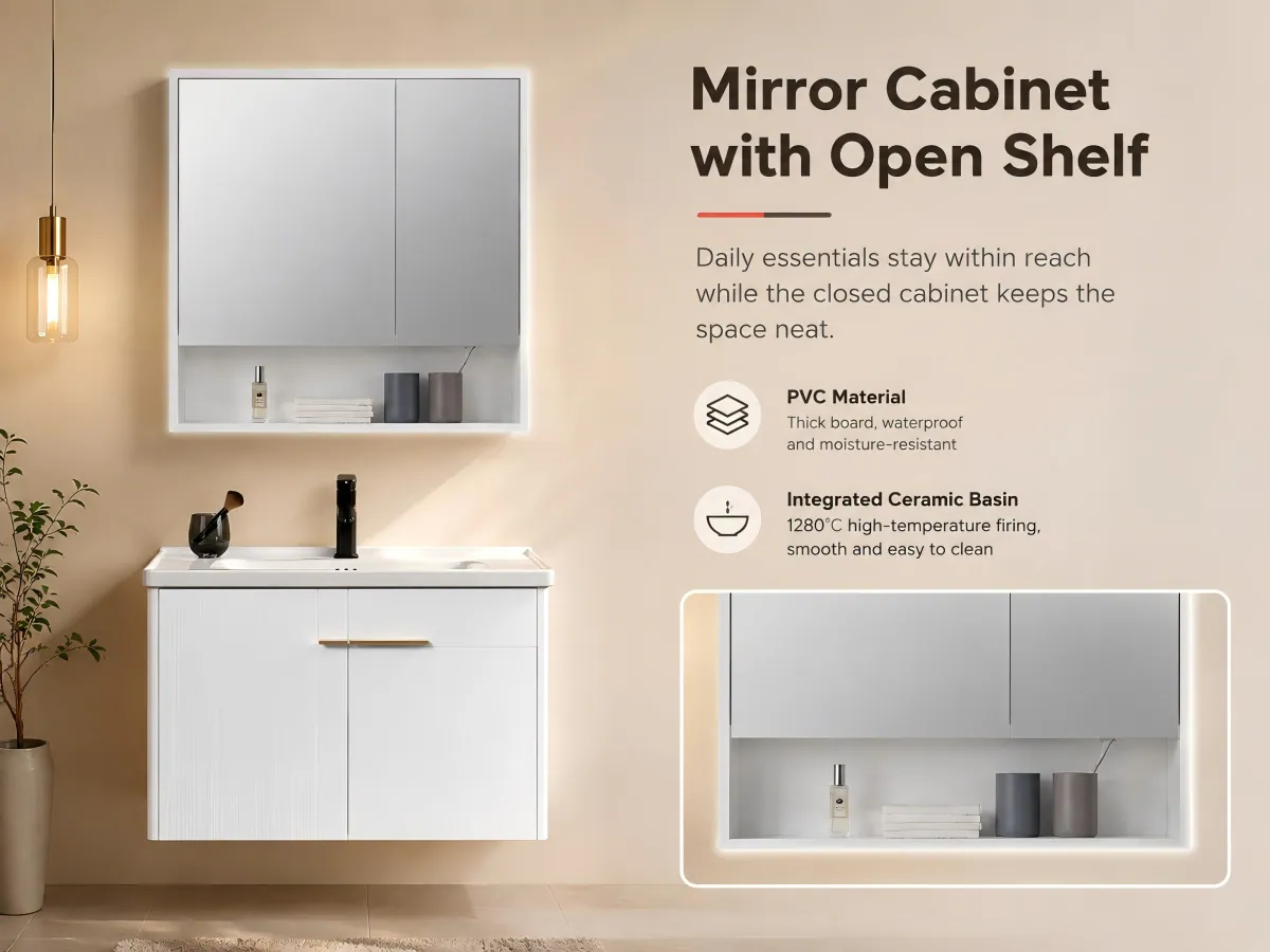 Italian Minimalist Wall-Mounted PVC Vanity Set separated storage zones