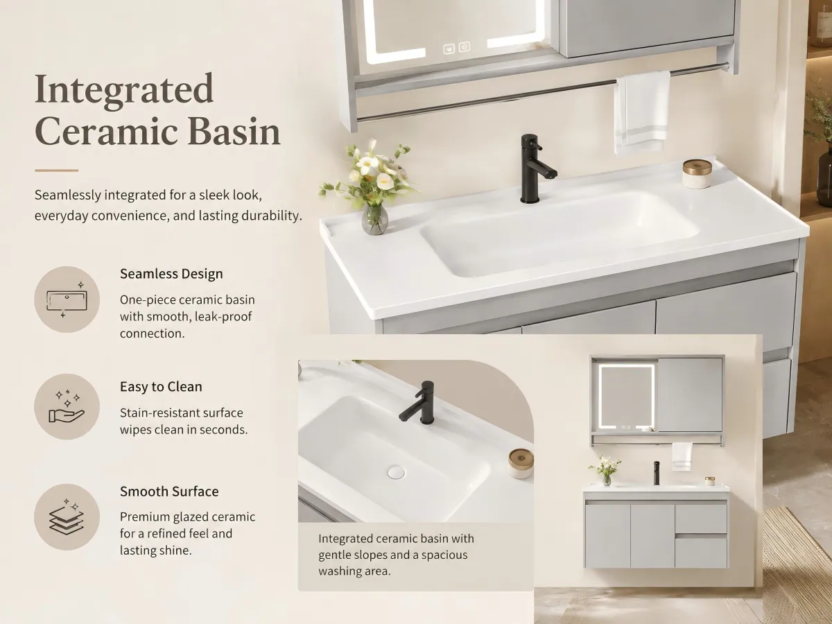 Modern Solid Wood Bathroom Vanity Set led mirror with open shelf