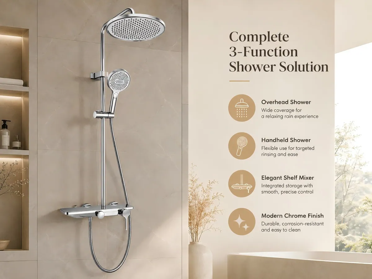 Three Function Rainfall Shower Set built-in storage shelf