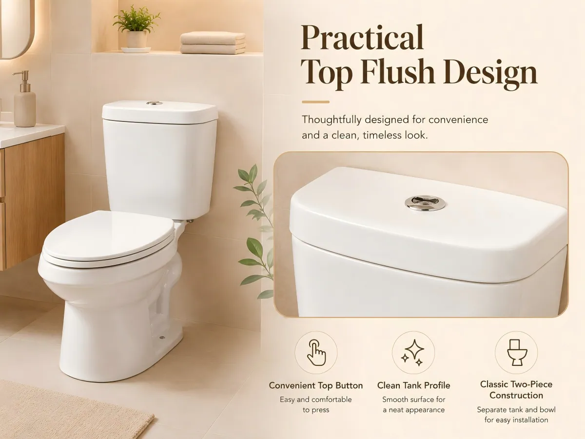 Top-Button Two-Piece Floor-Outlet Toilet abs seat assembly