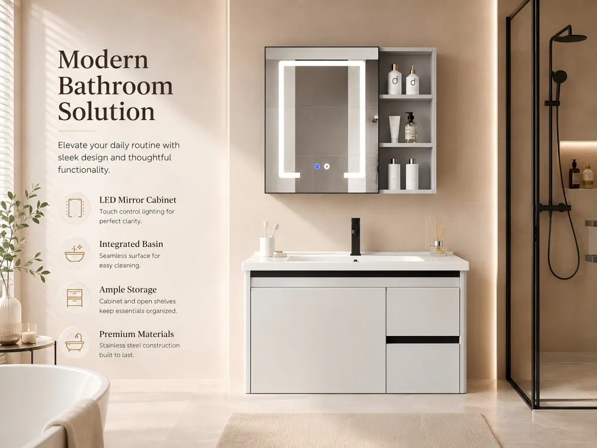 Wall-Mounted Aluminum and Stainless Steel Vanity Set integrated ceramic basin