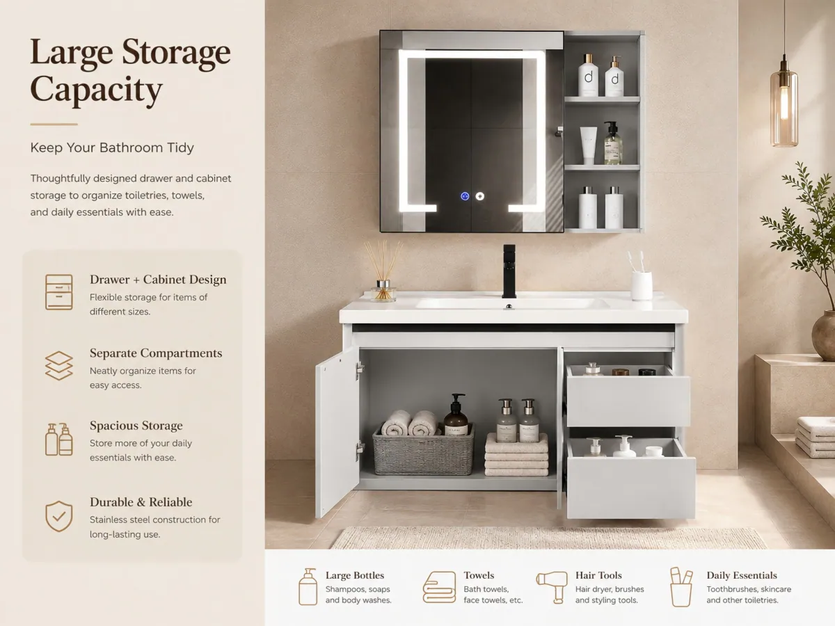 Wall-Mounted Aluminum and Stainless Steel Vanity Set touch-control led mirror