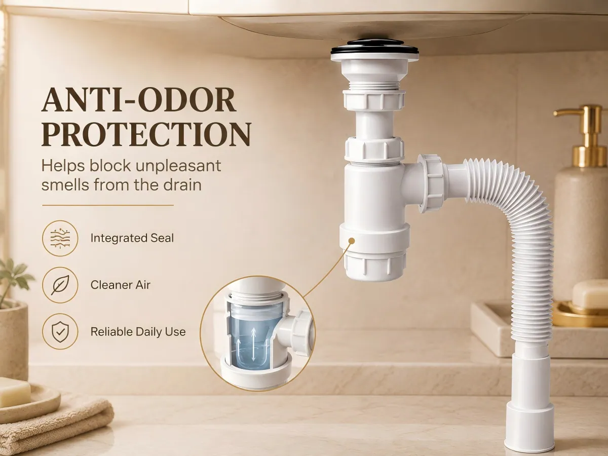 White Integrated Anti-Odor Basin Drain Set flexible outlet hose