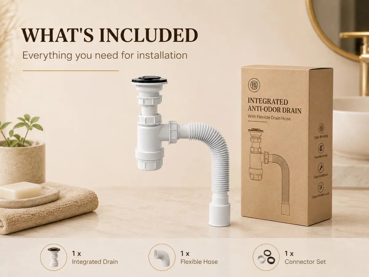 White Integrated Anti-Odor Basin Drain Set white under-sink finish